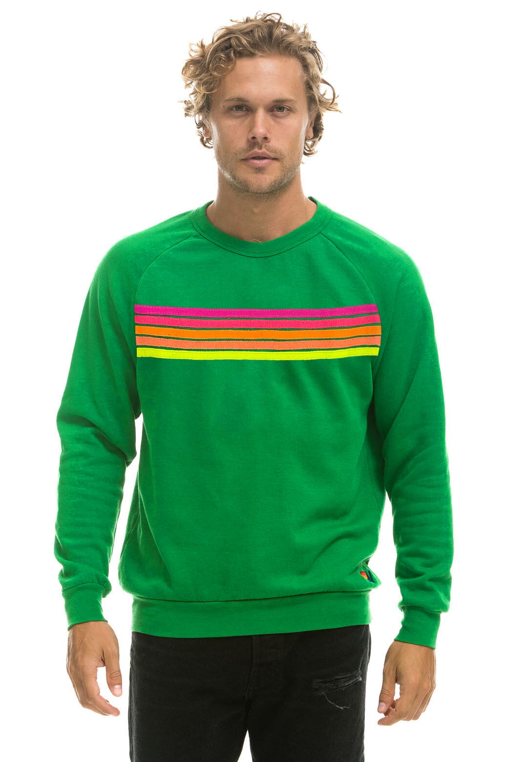 AVIATOR NATION Retro Kelly Green Disco 6 hot Stripe Crewneck Sweatshirt Size S