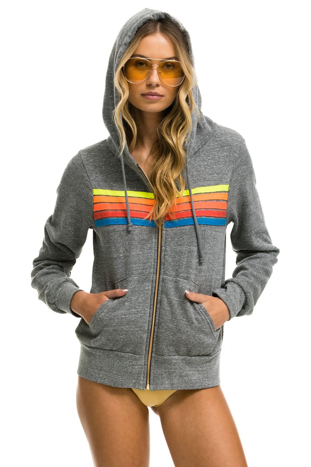 Aviator Nation Hoodie Cropped Rainbow Stripe outlets Split Neck Pullover Gray Neon S