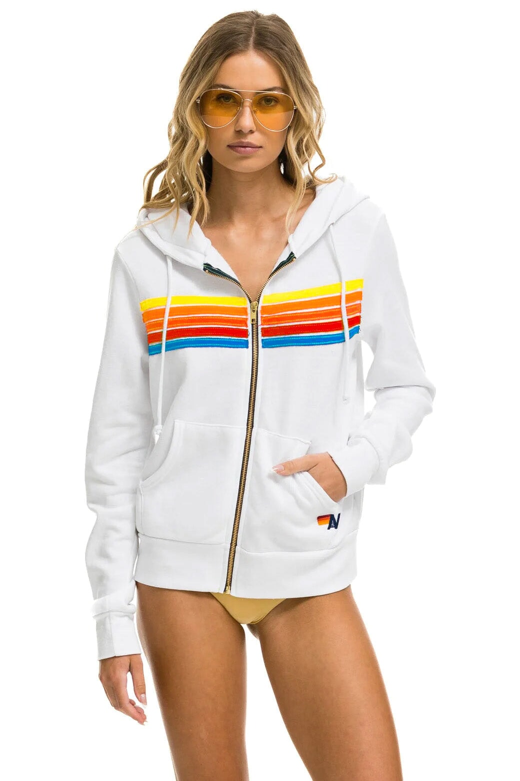 Aviator Nation 5 Stripe Hoodie White Neon Rainbow XXL