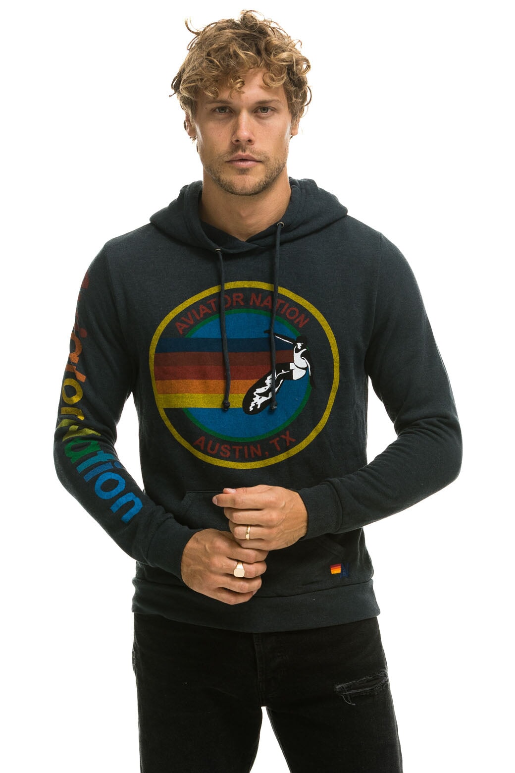 Aviator Nation Hoodie austin Texas large rainbow logo with popular surfer