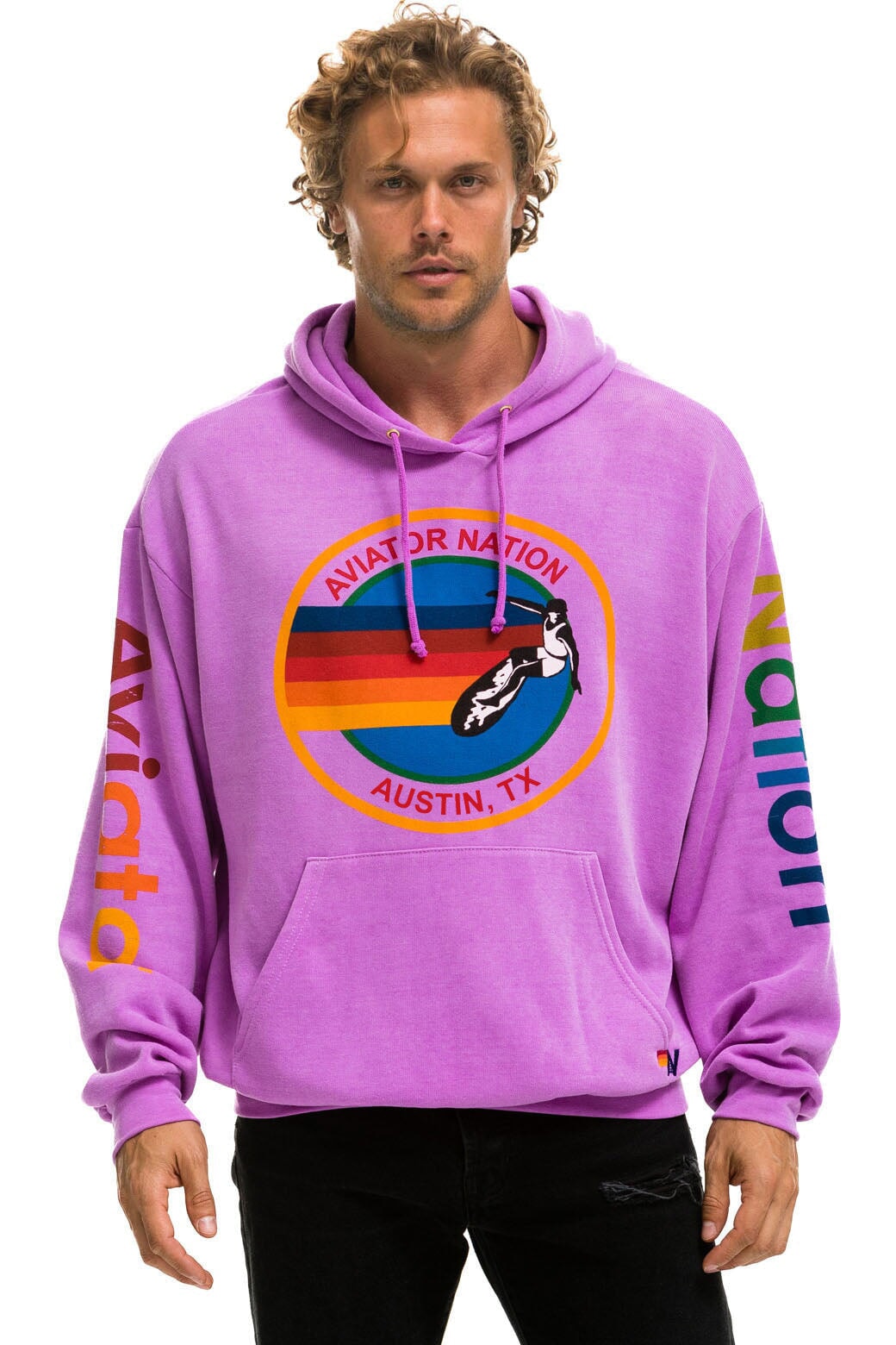 Aviator Nation Hoodie 2024 austin Texas large rainbow logo with surfer