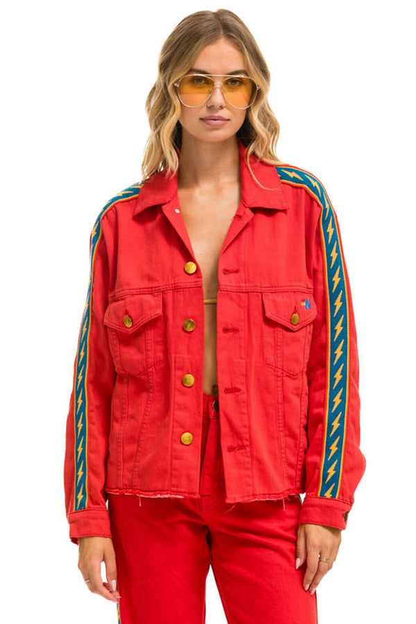 Jean jacket with red stripe hotsell