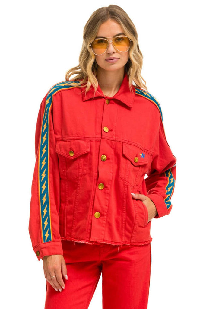 Bolt Stripe Oversized Cutoff Denim Jacket Red Xs