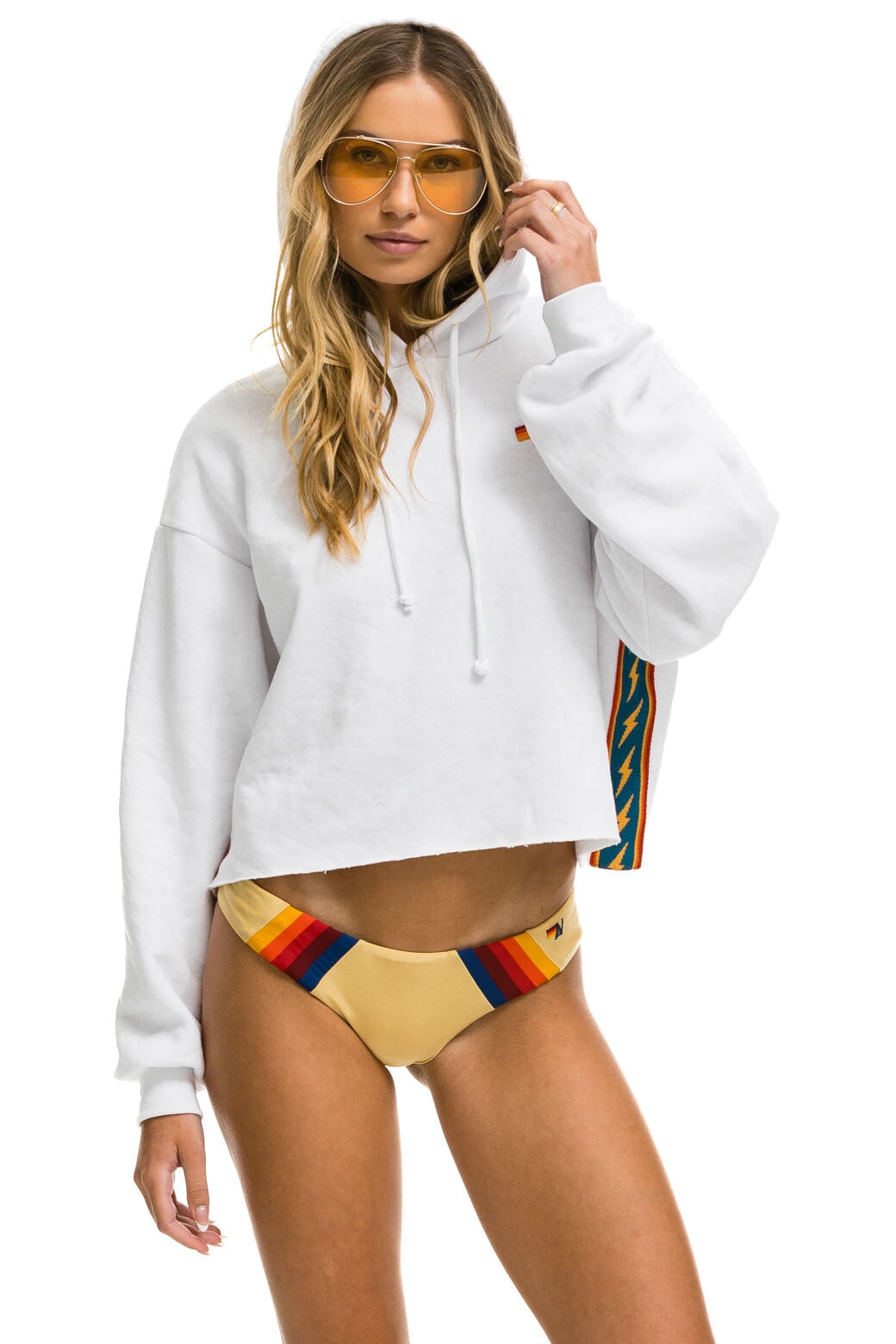 BOLT STRIPE RELAXED CROPPED PULLOVER HOODIE - WHITE Aviator Nation 