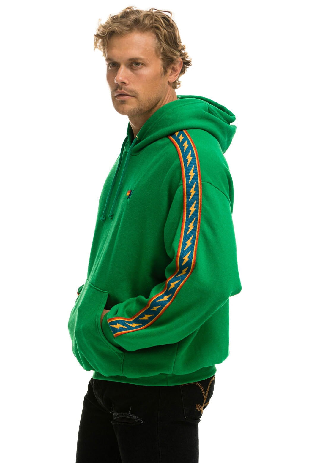 BOLT STRIPE RELAXED PULLOVER HOODIE - KELLY GREEN - Aviator Nation