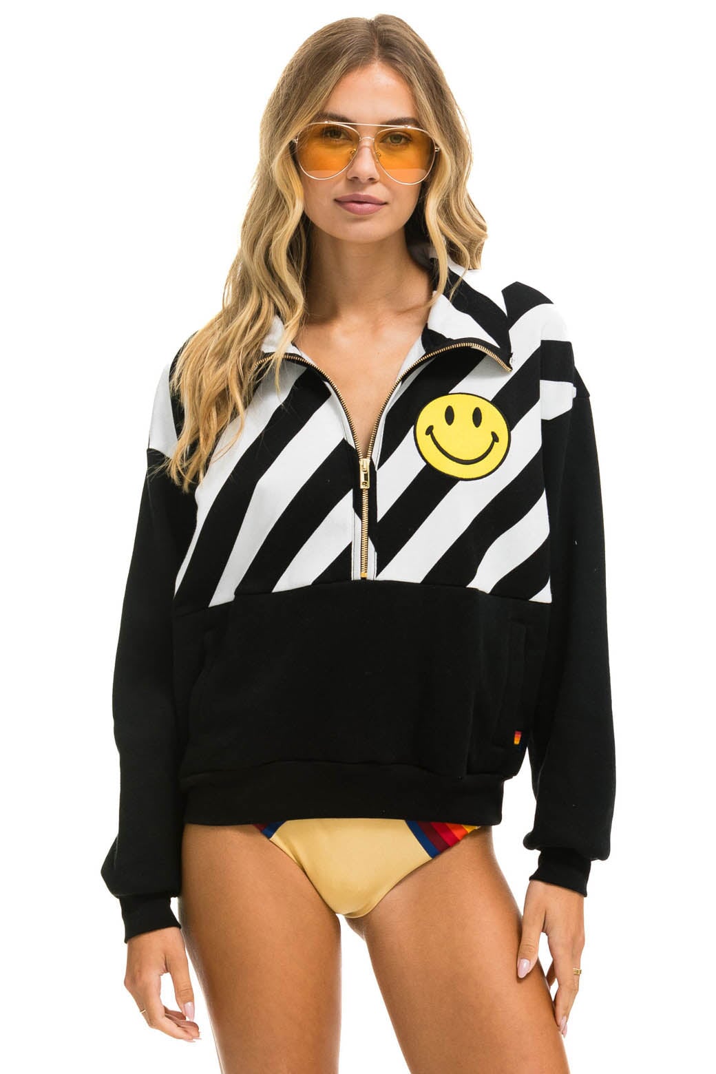 CAUTION SMILEY 2 EMBROIDERY FLEECE HALF ZIP SWEATSHIRT - BLACK // WHITE Sweatshirt Aviator Nation 