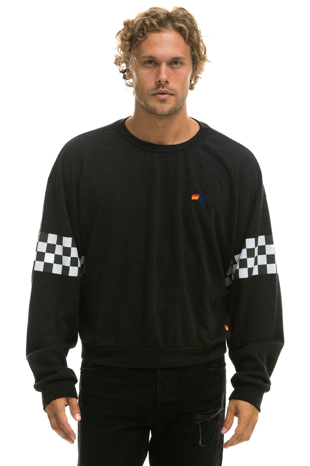 CHECK 2 SLEEVE RELAXED CREW SWEATSHIRT - BLACK