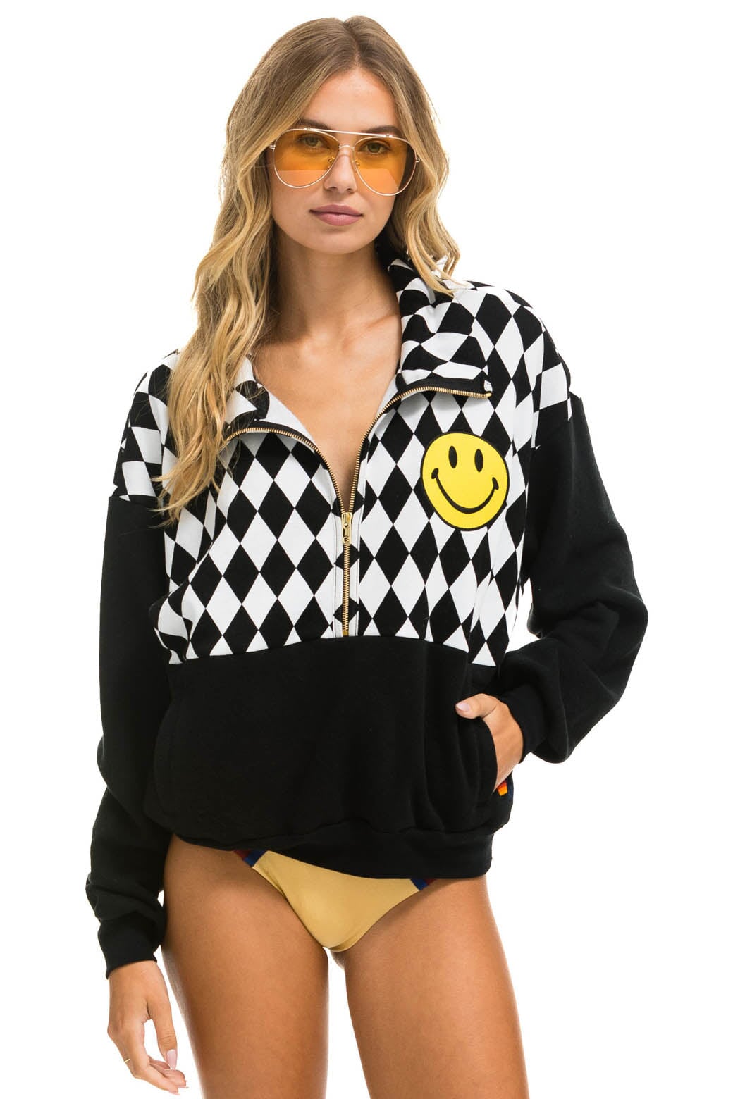 DIAMOND SMILEY 2 EMBROIDERY FLEECE HALF ZIP SWEATSHIRT - BLACK // WHITE Sweatshirt Aviator Nation 