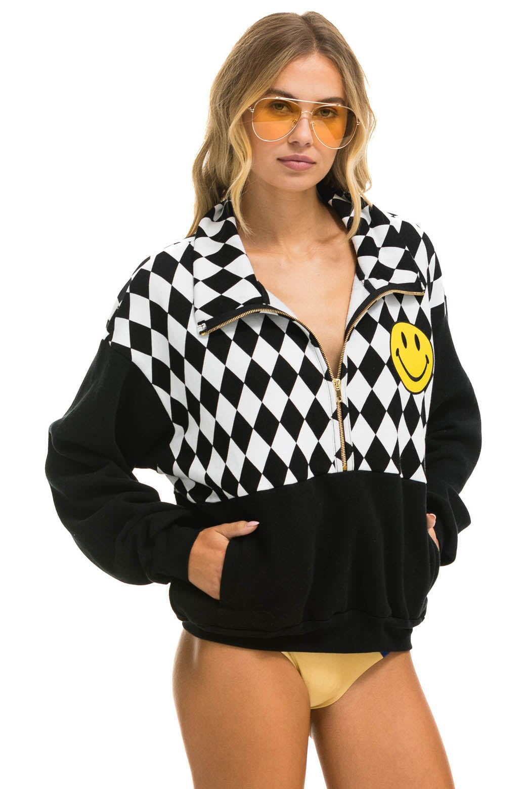 DIAMOND SMILEY 2 EMBROIDERY FLEECE HALF ZIP SWEATSHIRT - BLACK // WHITE Sweatshirt Aviator Nation 