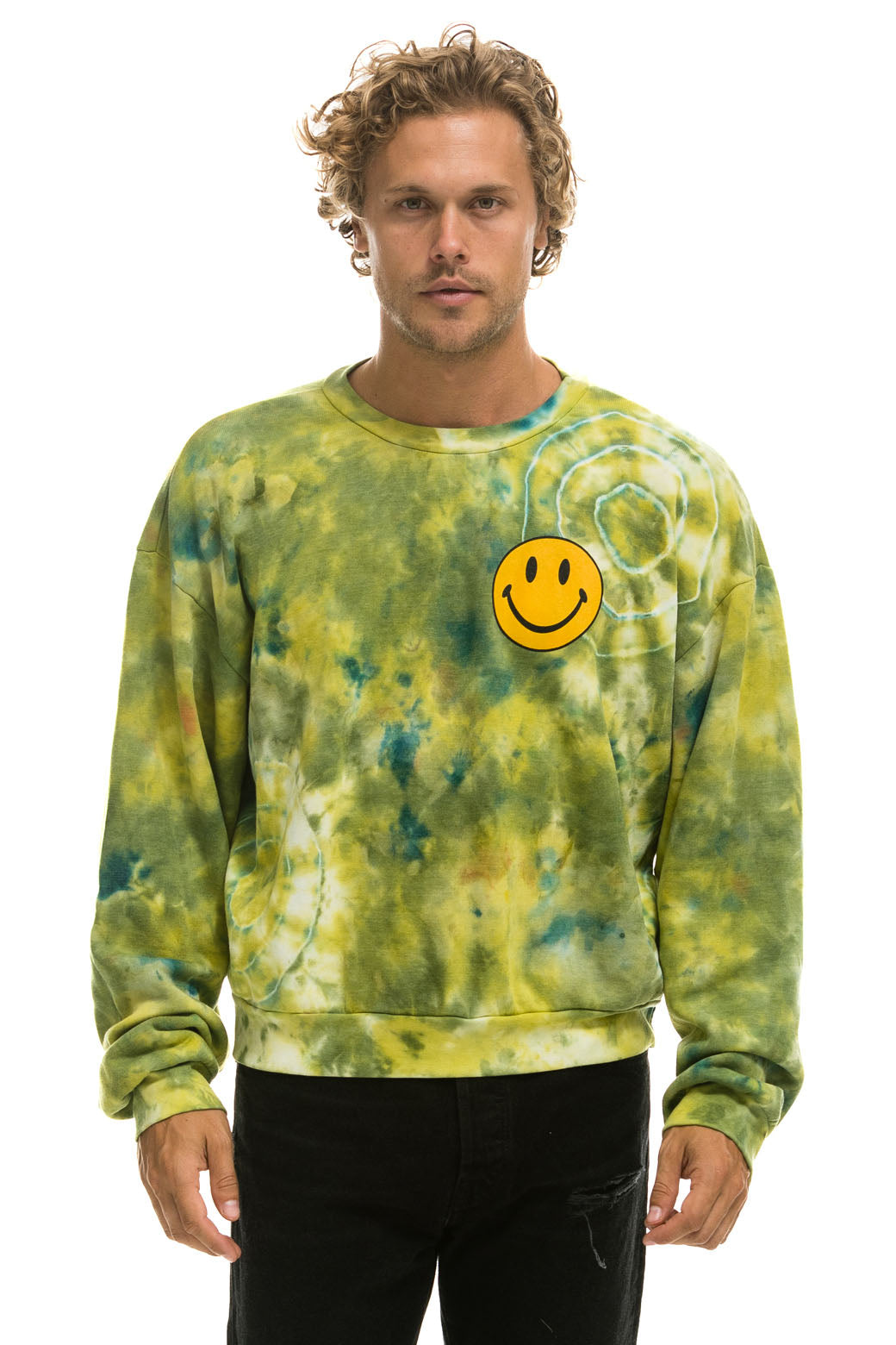 HAND DYED SMILEY 2 CREW SWEATSHIRT RELAXED - TIE DYE GREEN YELLOW Sweatshirt Aviator Nation 