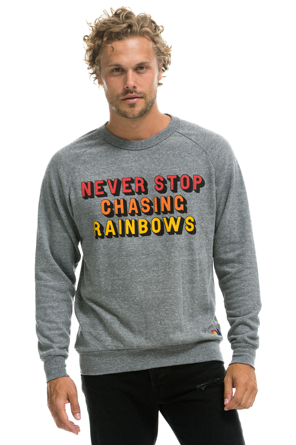 NEVER STOP CHASING RAINBOWS CREW SWEATSHIRT - HEATHER GREY