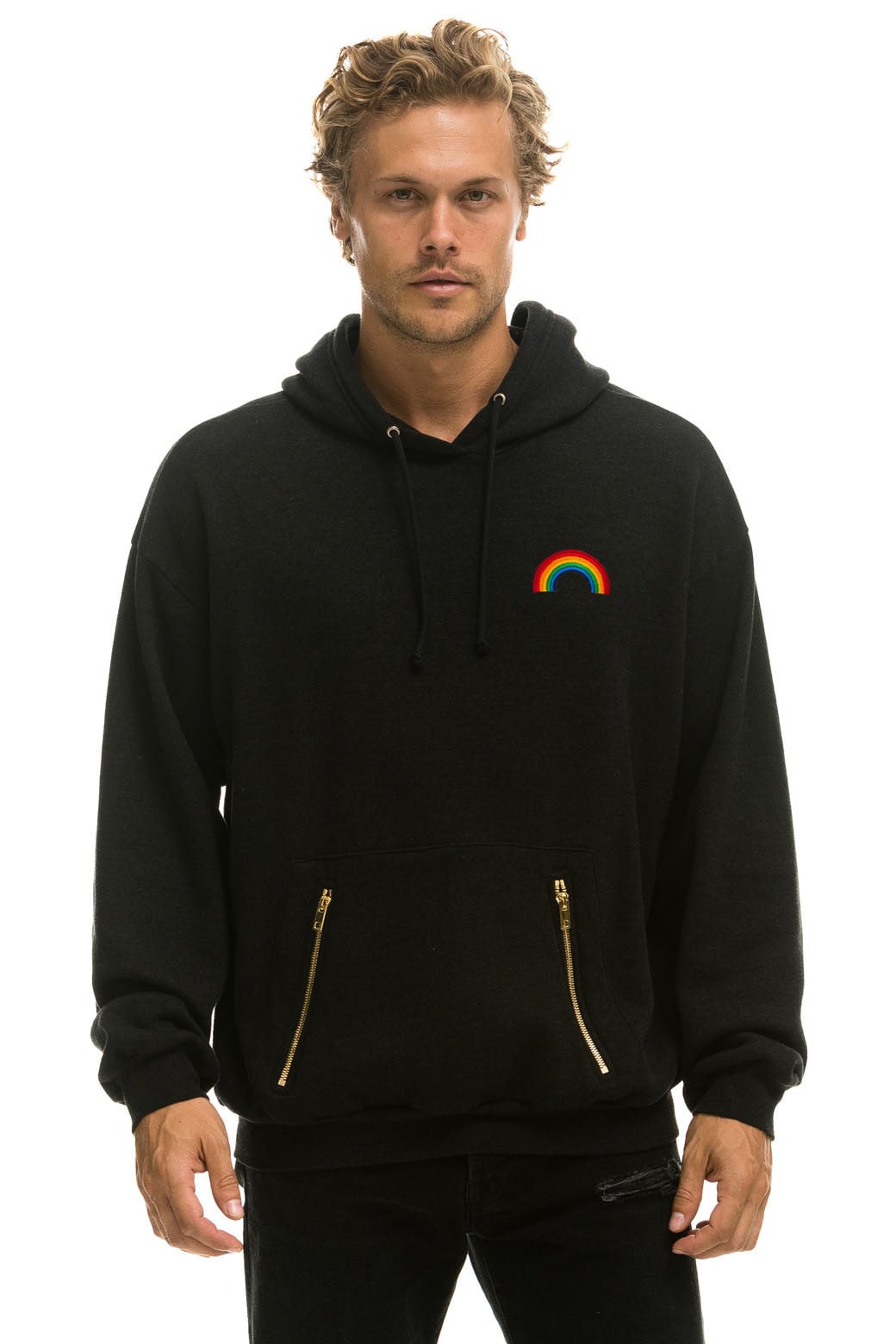 RAINBOW EMBROIDERY RELAXED PULLOVER HOODIE - BLACK - Aviator Nation