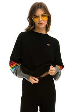 RAINBOW STRIPE SLEEVE UNISEX CASHMERE LIGHT SWEATER - BLACK // CHARCOAL