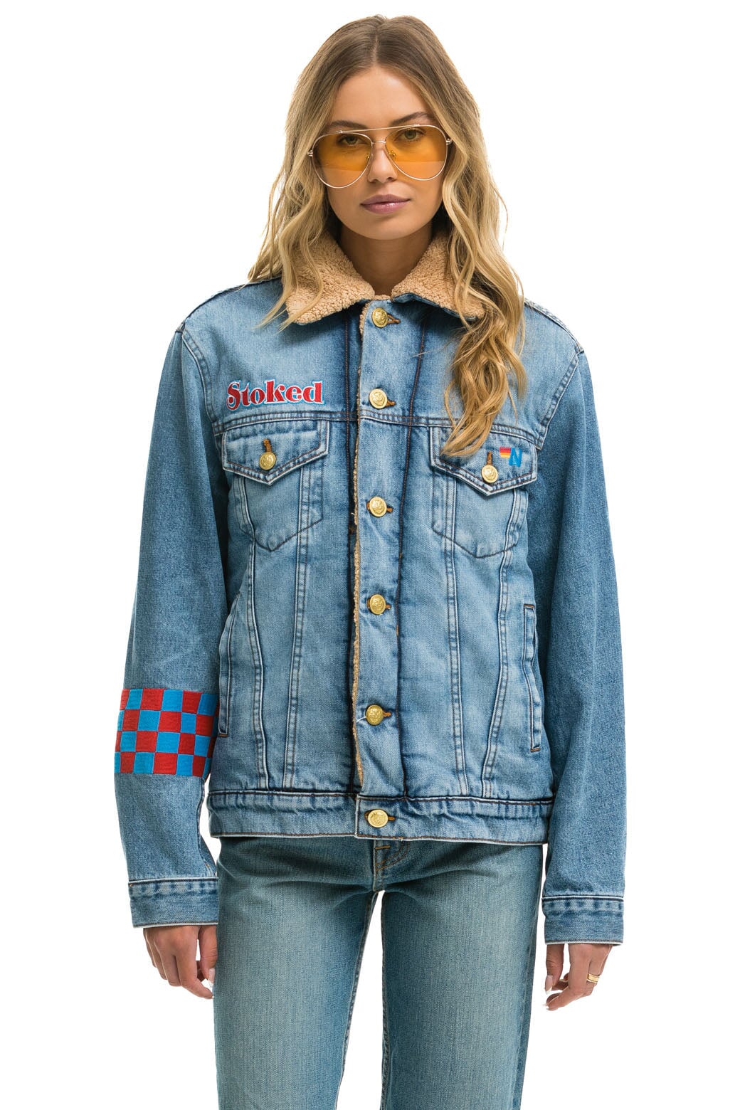 SMALL STOKED BOLT SMILEY RANCH SHERPA DENIM JACKET - SUPER LIGHT Denim Jacket Aviator Nation 