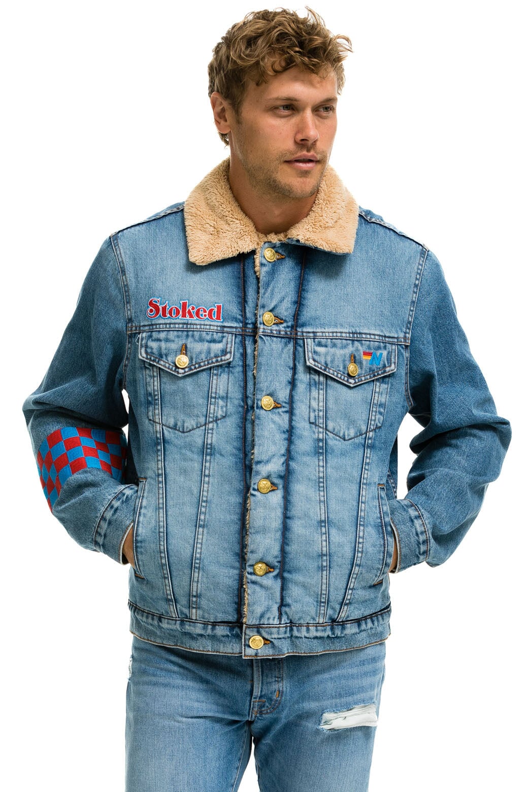 SMALL STOKED BOLT SMILEY RANCH SHERPA DENIM JACKET - SUPER LIGHT Denim Jacket Aviator Nation 