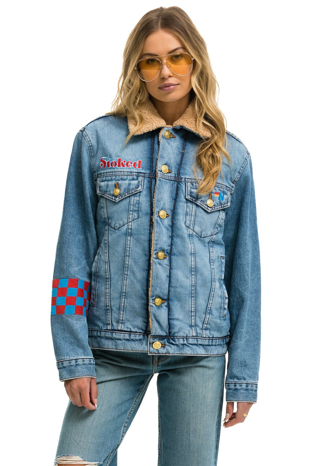 SMALL STOKED BOLT SMILEY RANCH SHERPA DENIM JACKET - SUPER LIGHT Denim Jacket Aviator Nation 