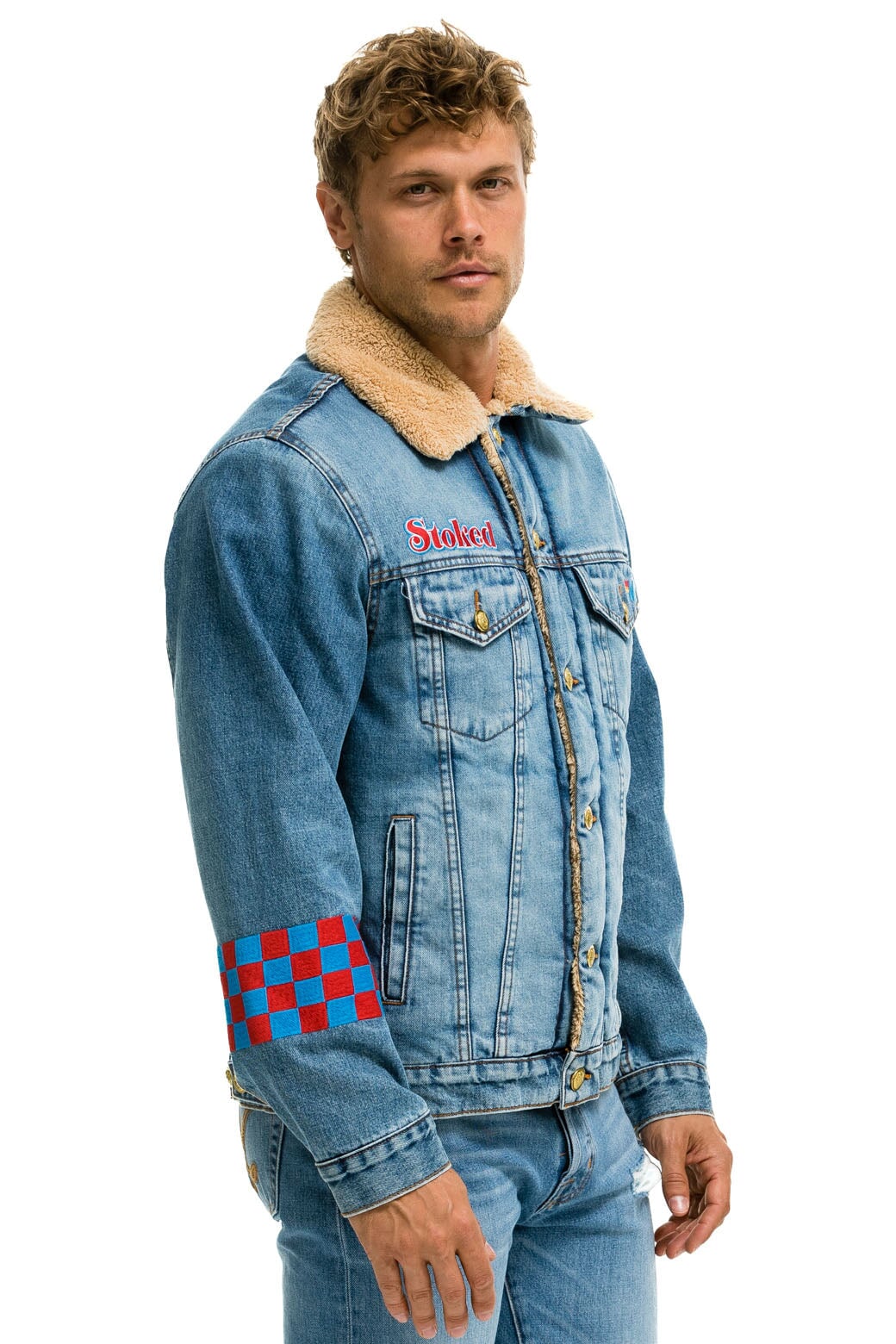 SMALL STOKED BOLT SMILEY RANCH SHERPA DENIM JACKET - SUPER LIGHT Denim Jacket Aviator Nation 