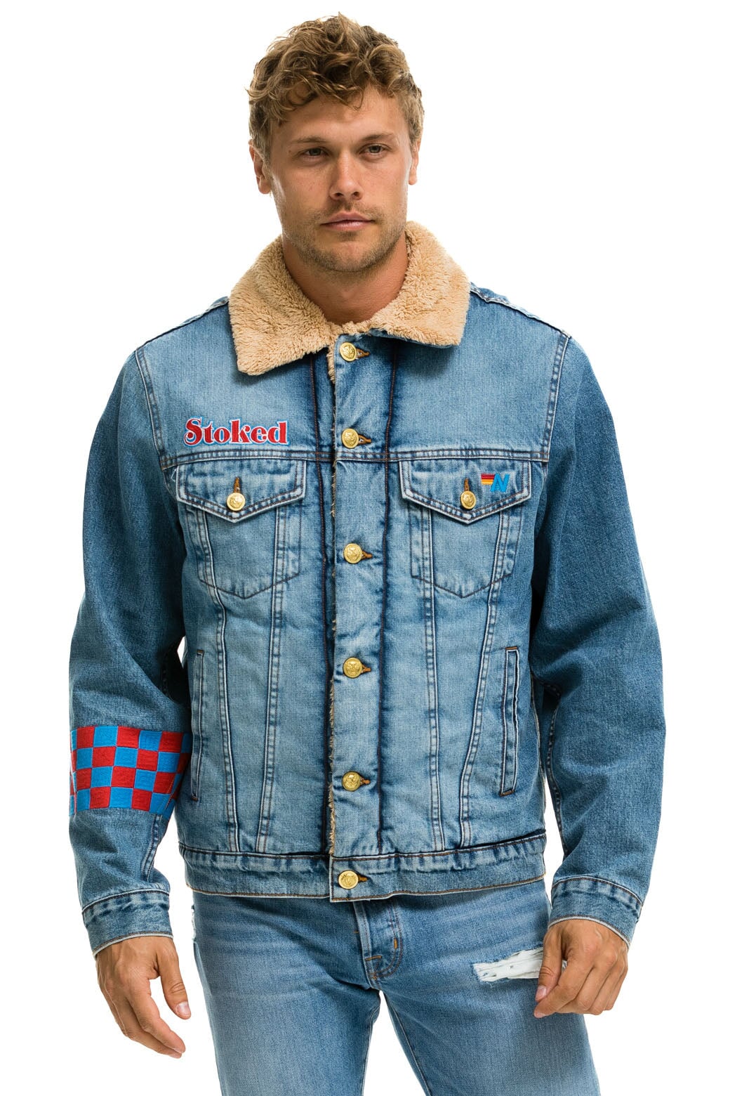 SMALL STOKED BOLT SMILEY RANCH SHERPA DENIM JACKET - SUPER LIGHT Denim Jacket Aviator Nation 