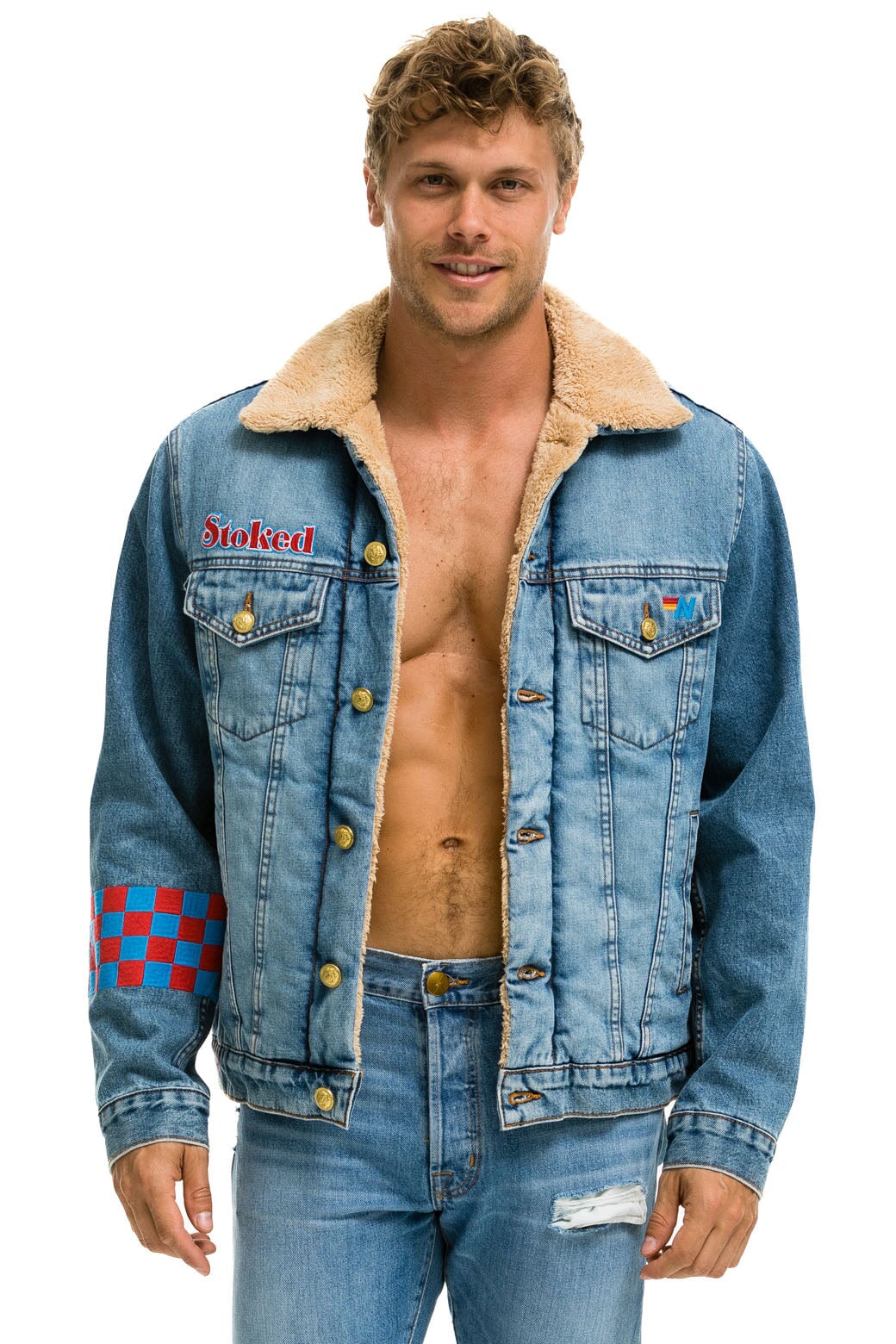 SMALL STOKED BOLT SMILEY RANCH SHERPA DENIM JACKET - SUPER LIGHT Denim Jacket Aviator Nation 