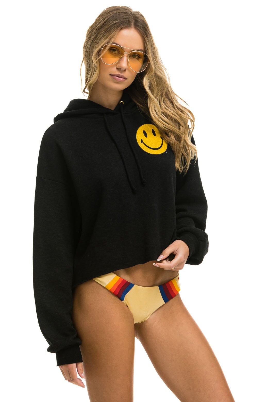 SMILEY 2 RELAXED CROPPED PULLOVER HOODIE - BLACK - Aviator Nation