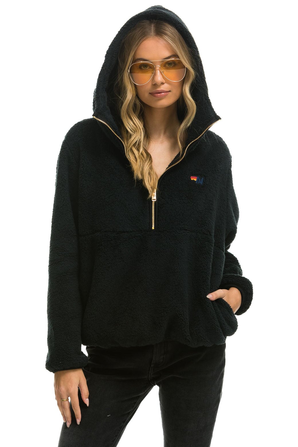 TEDDY APRES HOODED HALF ZIP JACKET - BLACK Women's Outerwear Aviator Nation 