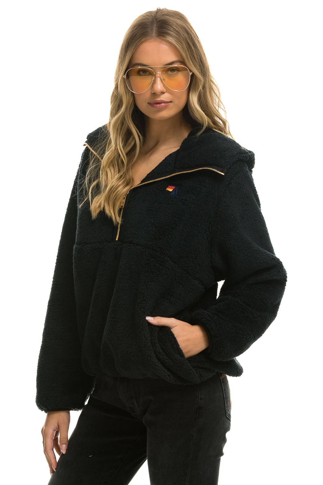 TEDDY UNISEX HOODED HALF ZIP JACKET - BLACK Women's Outerwear Aviator Nation 