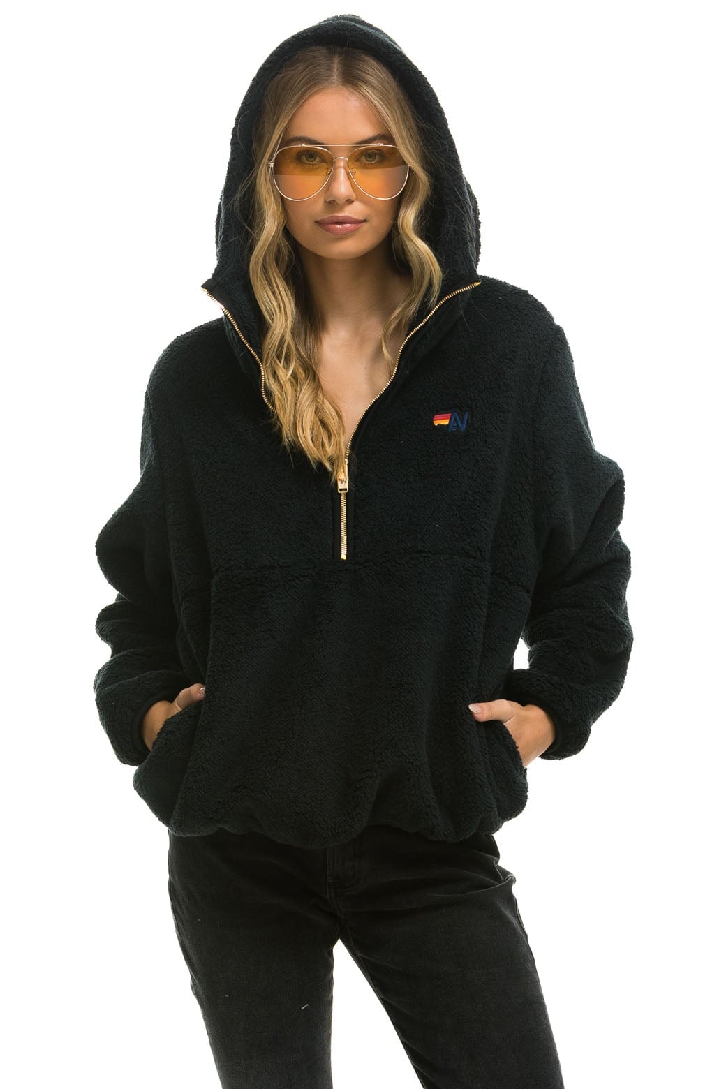 TEDDY UNISEX HOODED HALF ZIP JACKET - BLACK Women's Outerwear Aviator Nation 