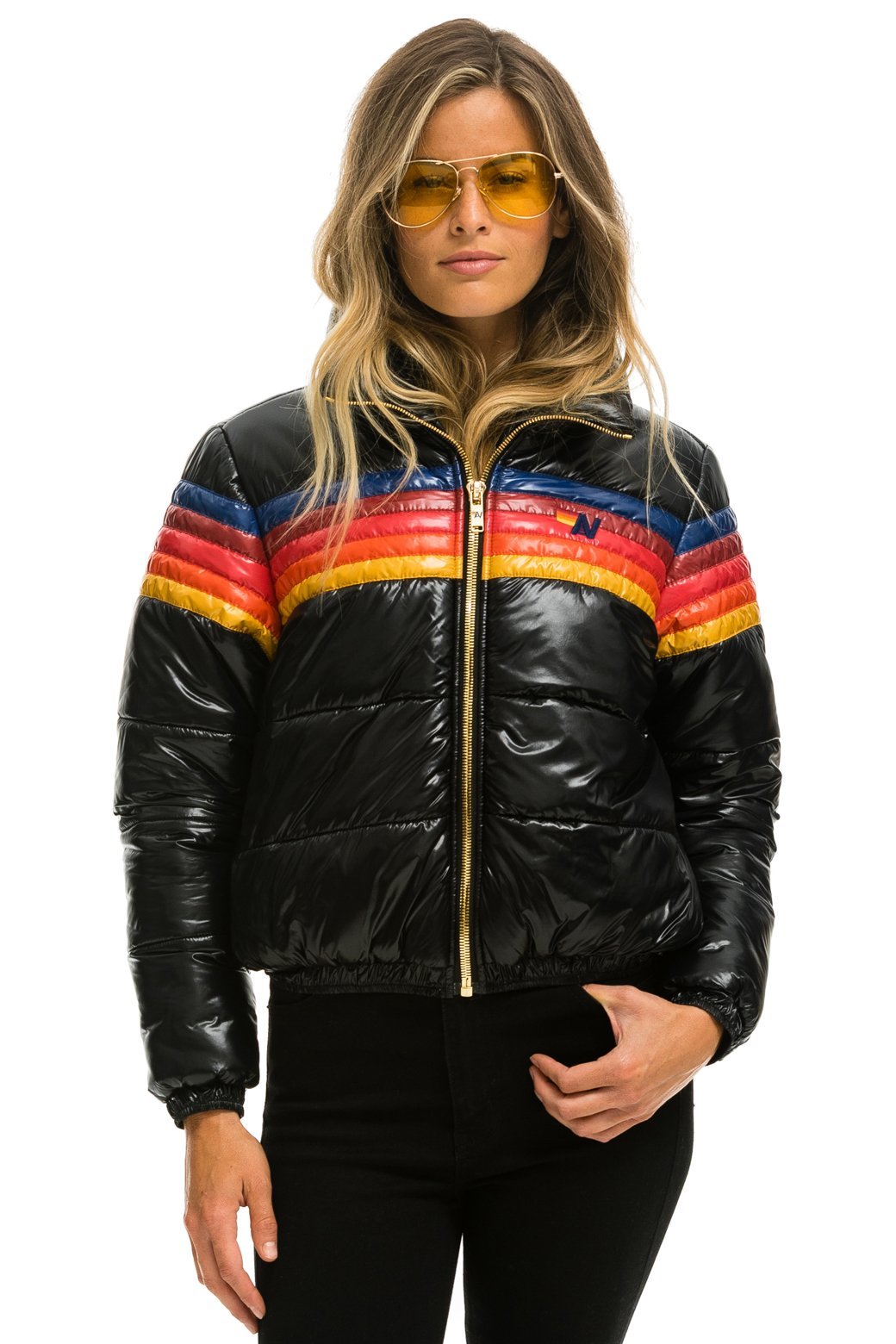 WOMEN&#39;S 5 STRIPE LUXE APRES PUFFER JACKET - GLOSSY BLACK Jacket Aviator Nation 