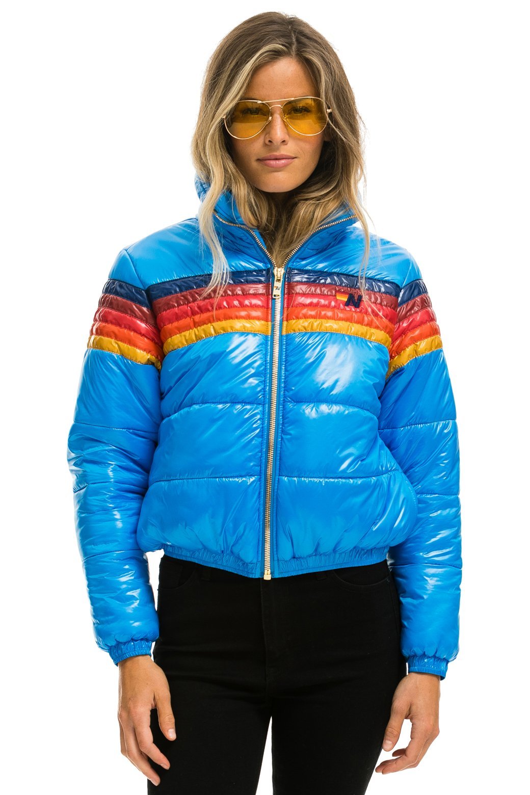 WOMEN'S 5 STRIPE LUXE APRES PUFFER JACKET - GLOSSY BLUE Jacket Aviator Nation 