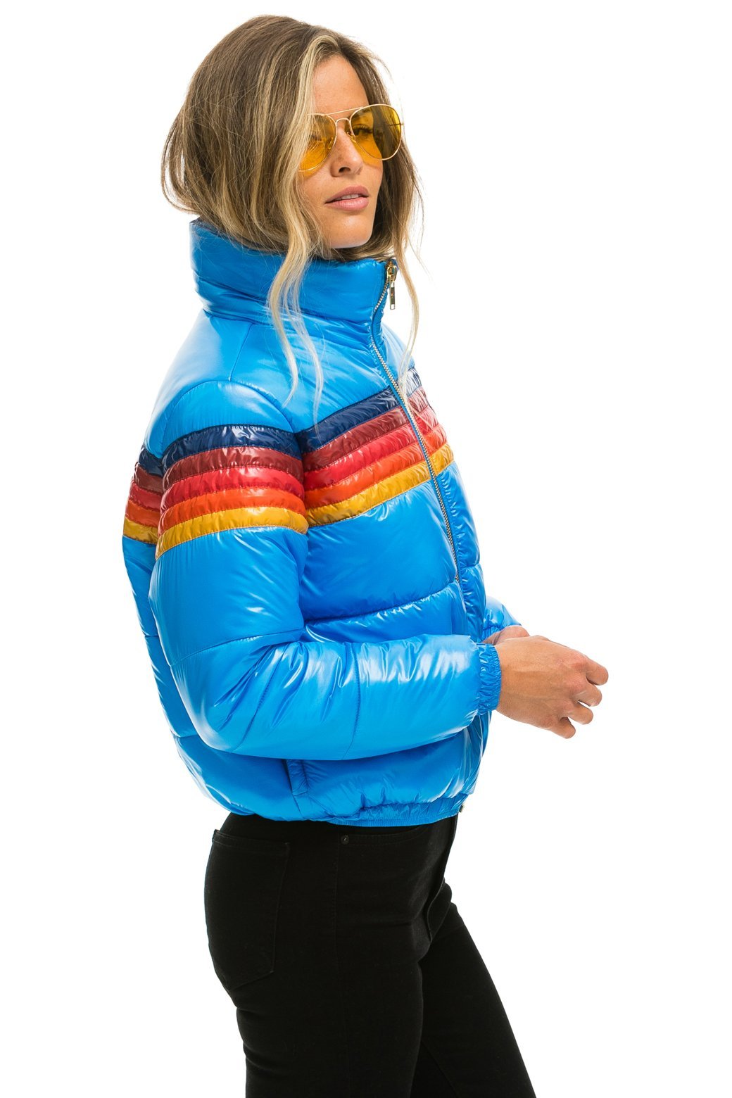 WOMEN'S 5 STRIPE LUXE APRES PUFFER JACKET - GLOSSY BLUE Jacket Aviator Nation 