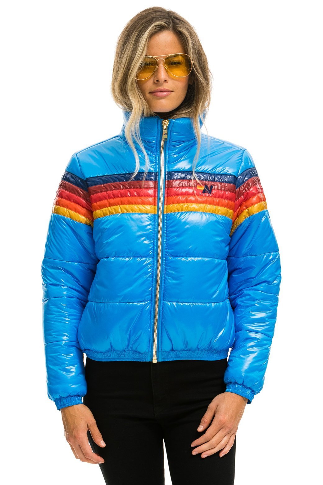 WOMEN&#39;S 5 STRIPE LUXE APRES PUFFER JACKET - GLOSSY BLUE Jacket Aviator Nation 