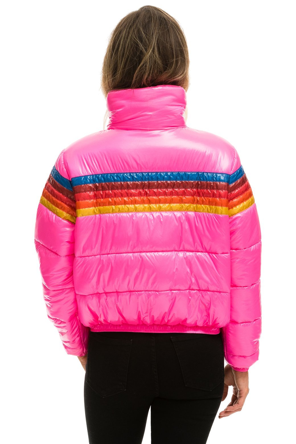 WOMEN'S 5 STRIPE LUXE APRES PUFFER JACKET - GLOSSY NEON PINK Jacket Aviator Nation 