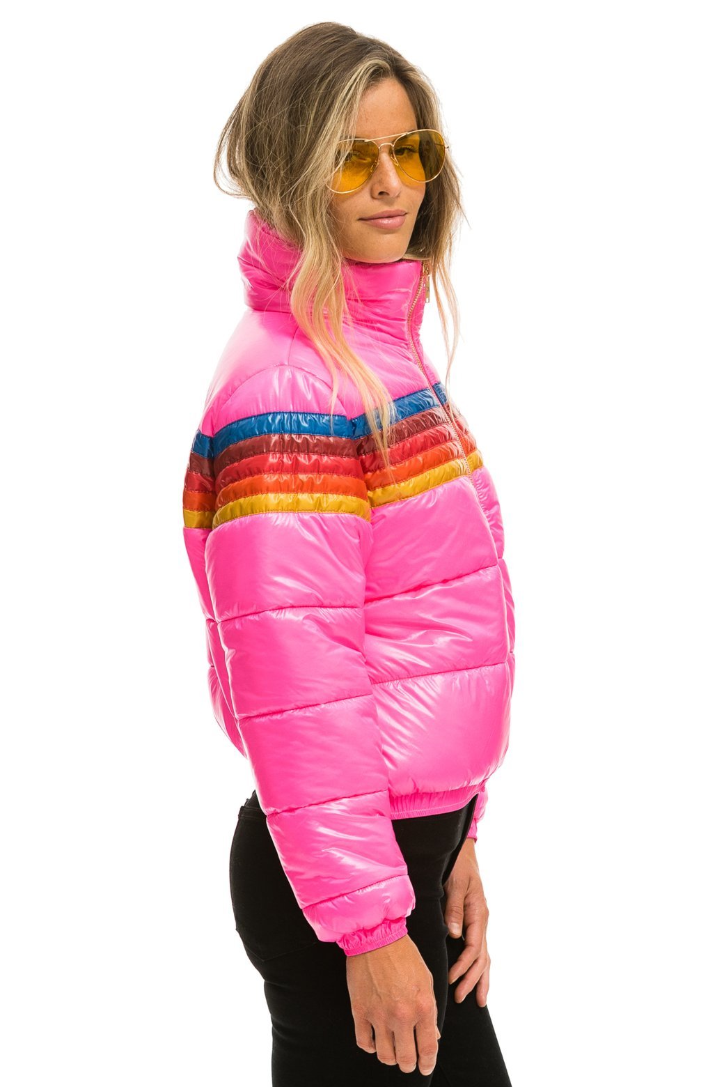 WOMEN'S 5 STRIPE LUXE APRES PUFFER JACKET - GLOSSY NEON PINK Jacket Aviator Nation 