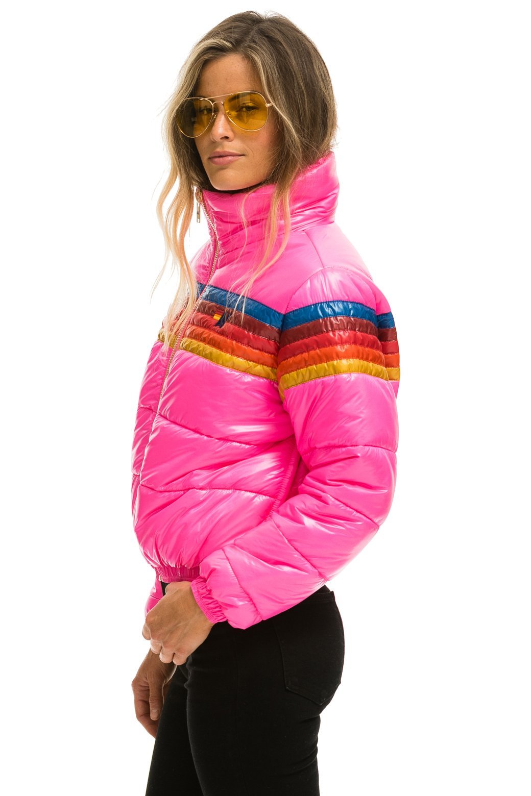 WOMEN'S 5 STRIPE LUXE APRES PUFFER JACKET - GLOSSY NEON PINK Jacket Aviator Nation 