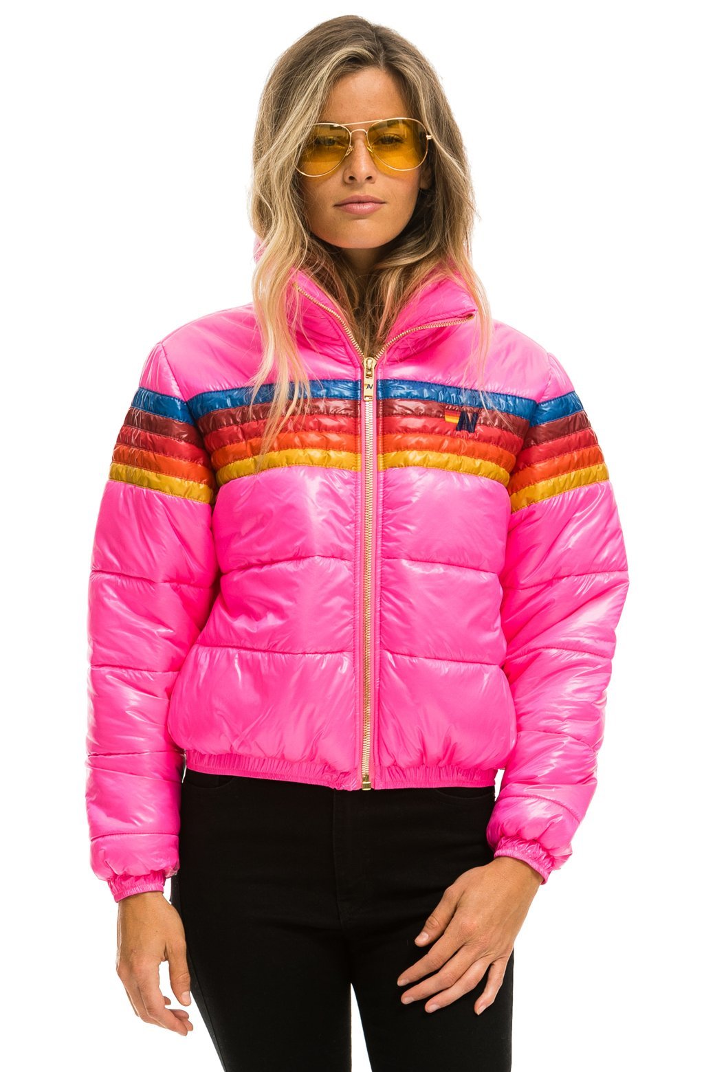 WOMEN&#39;S 5 STRIPE LUXE APRES PUFFER JACKET - GLOSSY NEON PINK Jacket Aviator Nation 