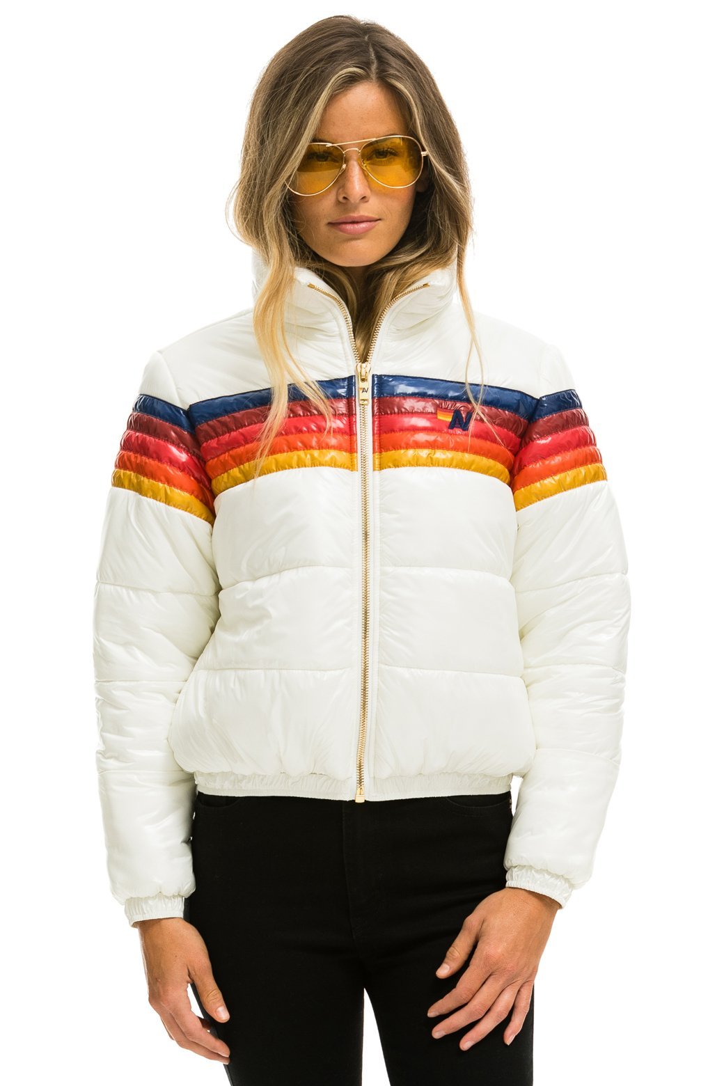 WOMEN'S 5 STRIPE LUXE APRES PUFFER JACKET - GLOSSY WHITE Jacket Aviator Nation 