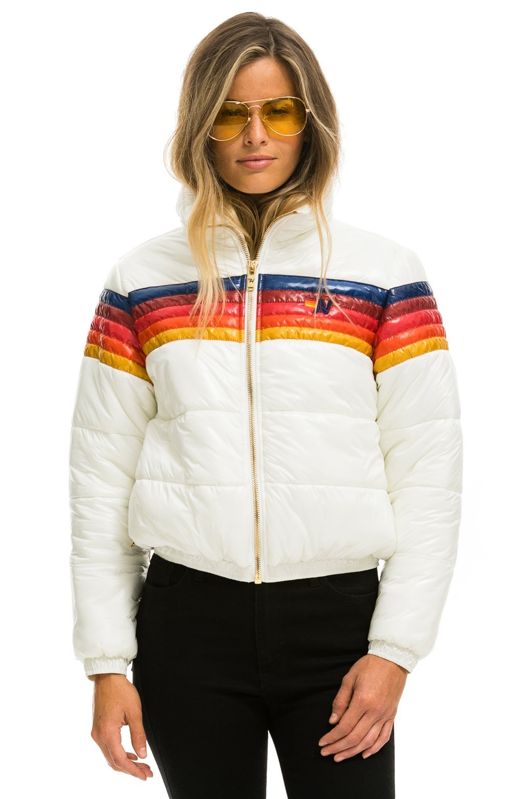 WOMEN&#39;S 5 STRIPE LUXE APRES PUFFER JACKET - GLOSSY WHITE Jacket Aviator Nation 