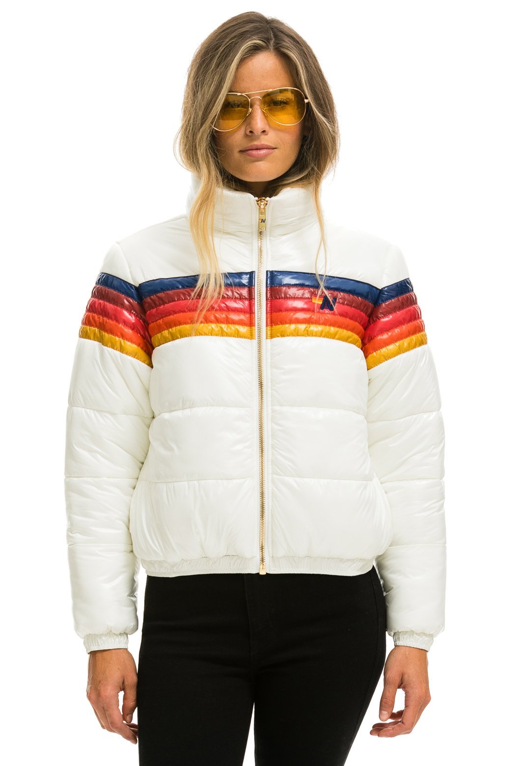 WOMEN'S 5 STRIPE LUXE APRES PUFFER JACKET - GLOSSY WHITE Jacket Aviator Nation 