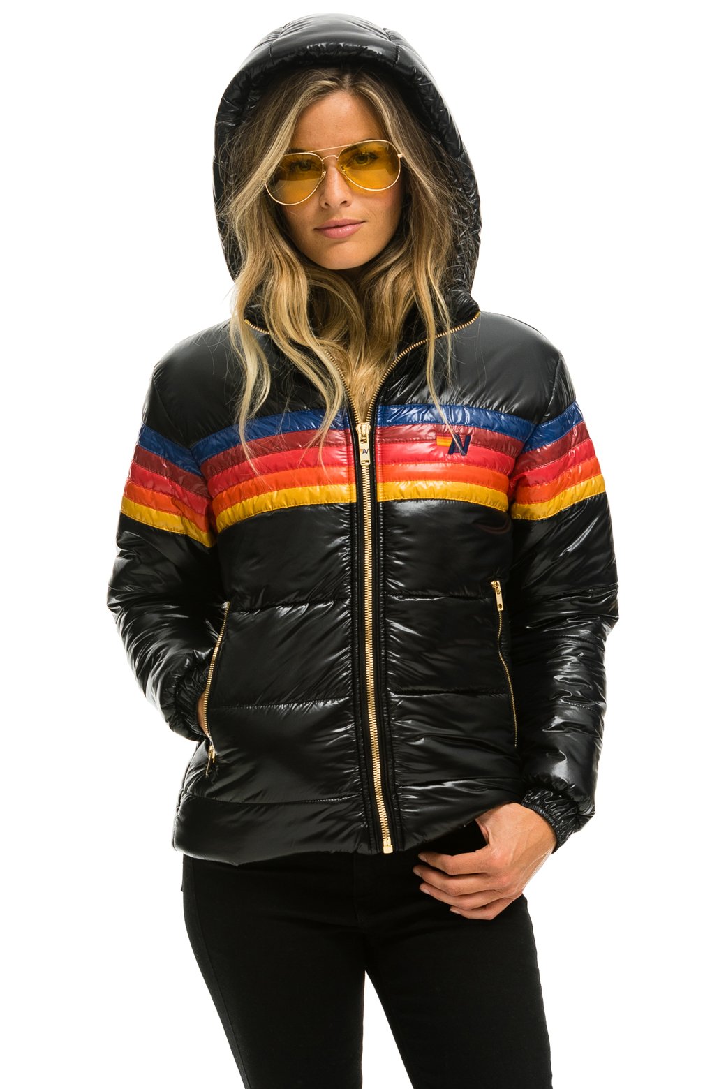 WOMEN&#39;S 5 STRIPE LUXE TREKKER JACKET - GLOSSY BLACK Jacket Aviator Nation 