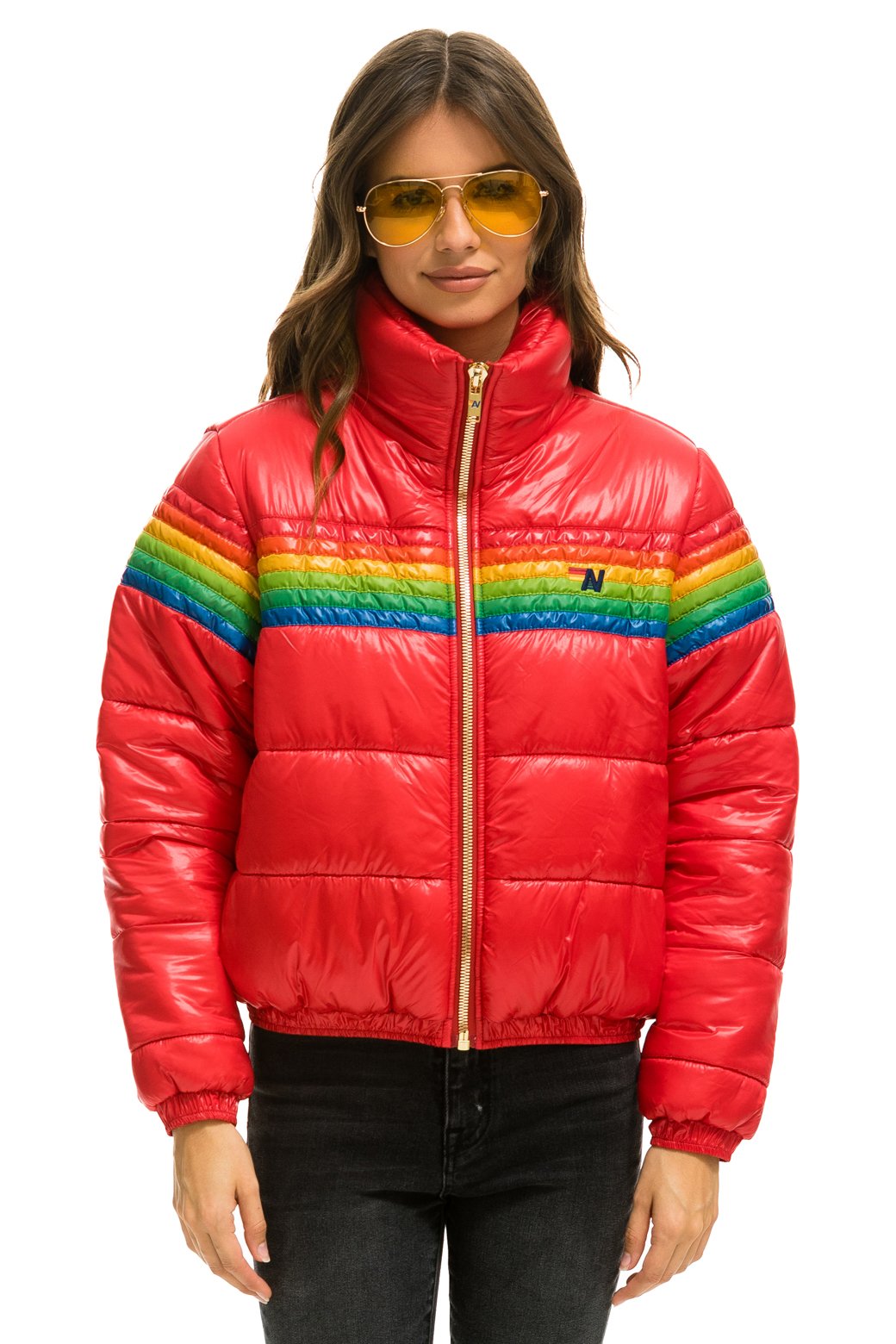 WOMEN&#39;S 6 STRIPE LUXE APRES PUFFER JACKET - GLOSSY CHERRY Jacket Aviator Nation 