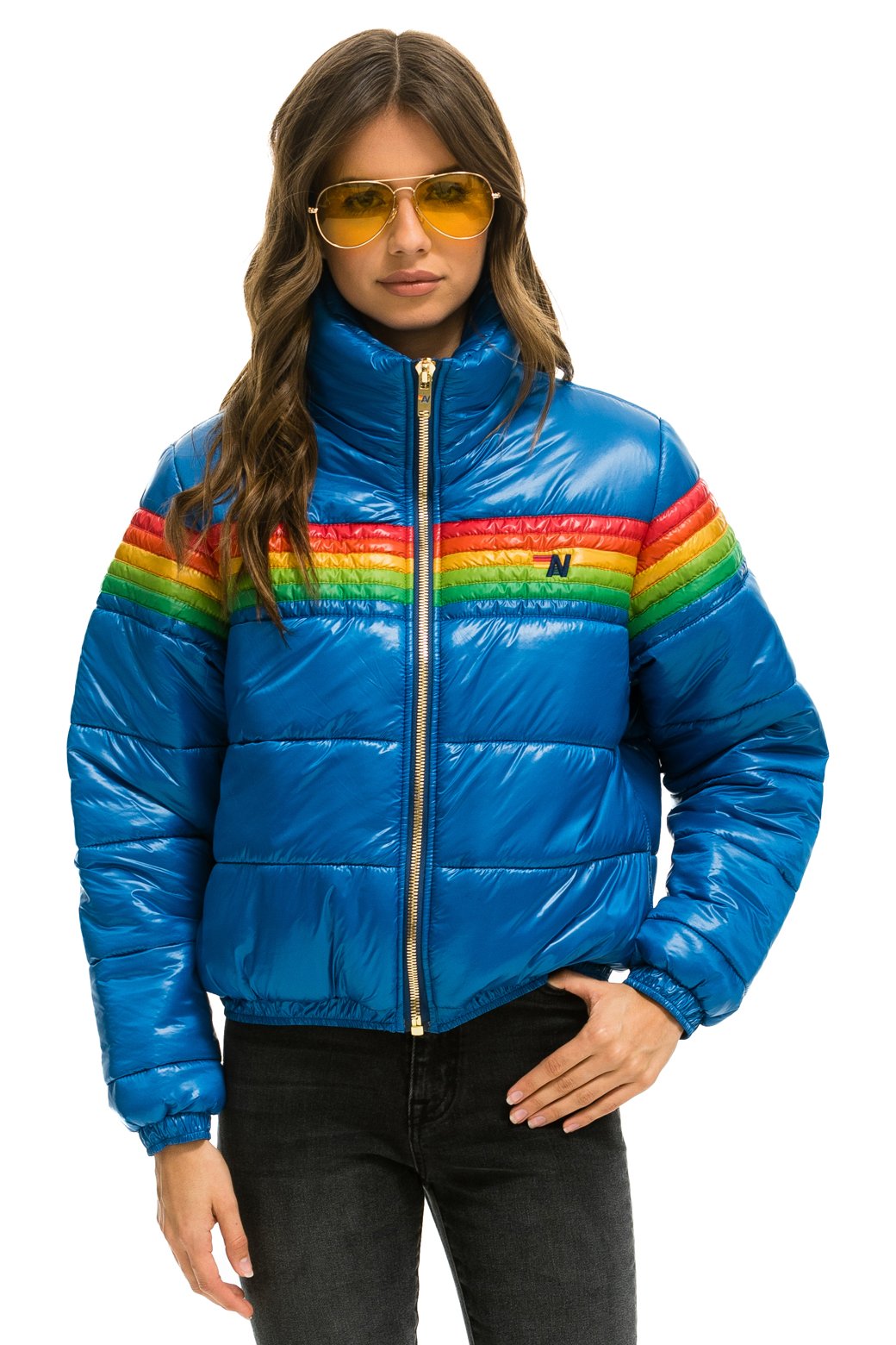 WOMEN'S 6 STRIPE LUXE APRES PUFFER JACKET - GLOSSY SNORKEL BLUE Jacket Aviator Nation 