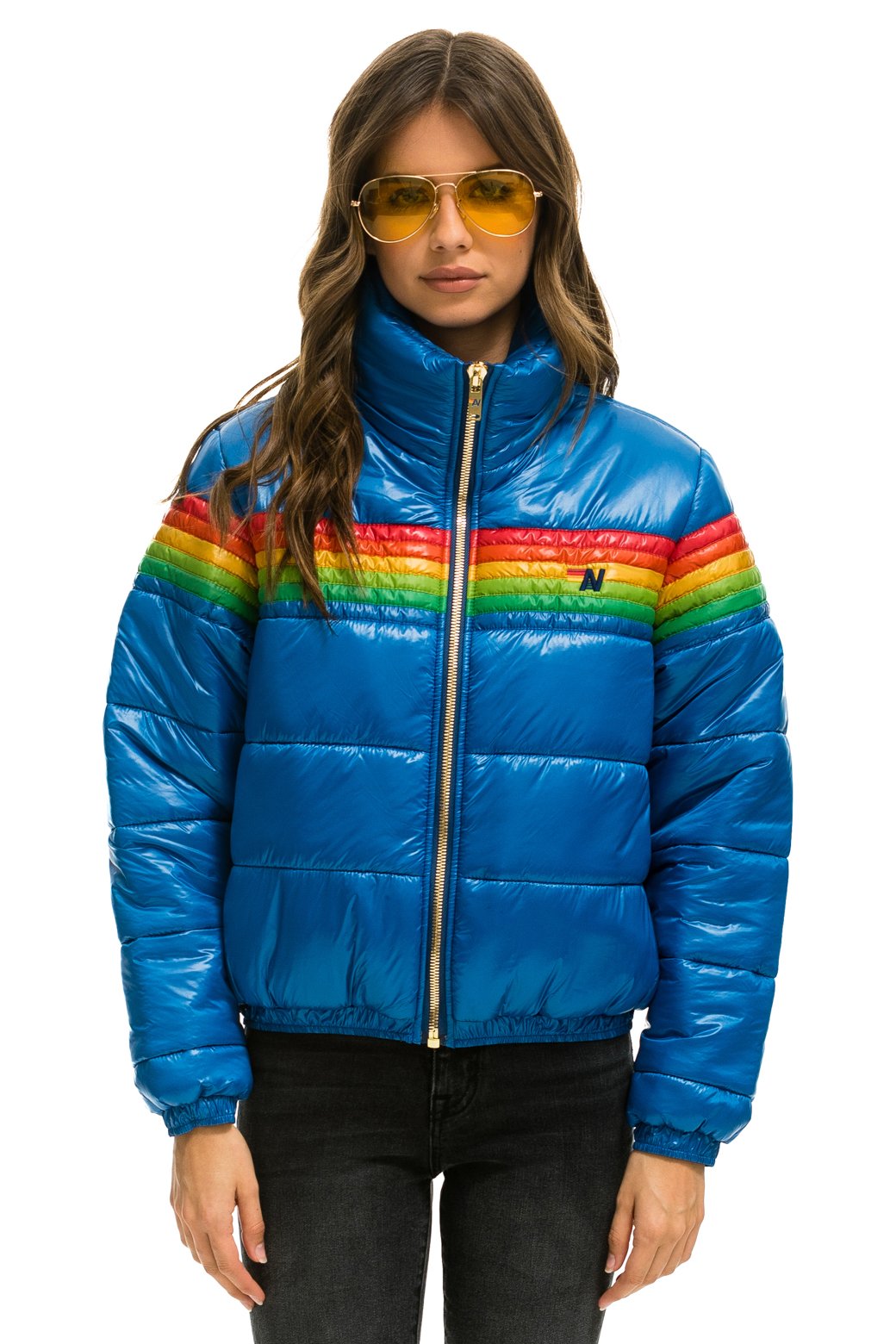 WOMEN&#39;S 6 STRIPE LUXE APRES PUFFER JACKET - GLOSSY SNORKEL BLUE Jacket Aviator Nation 