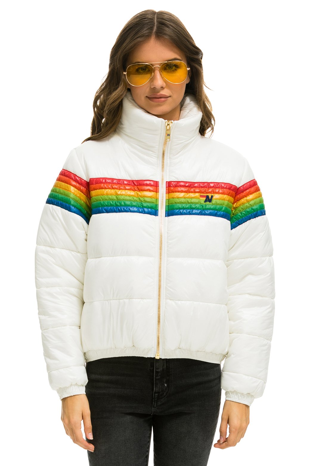 WOMEN&#39;S 6 STRIPE LUXE APRES PUFFER JACKET - GLOSSY WHITE Jacket Aviator Nation 