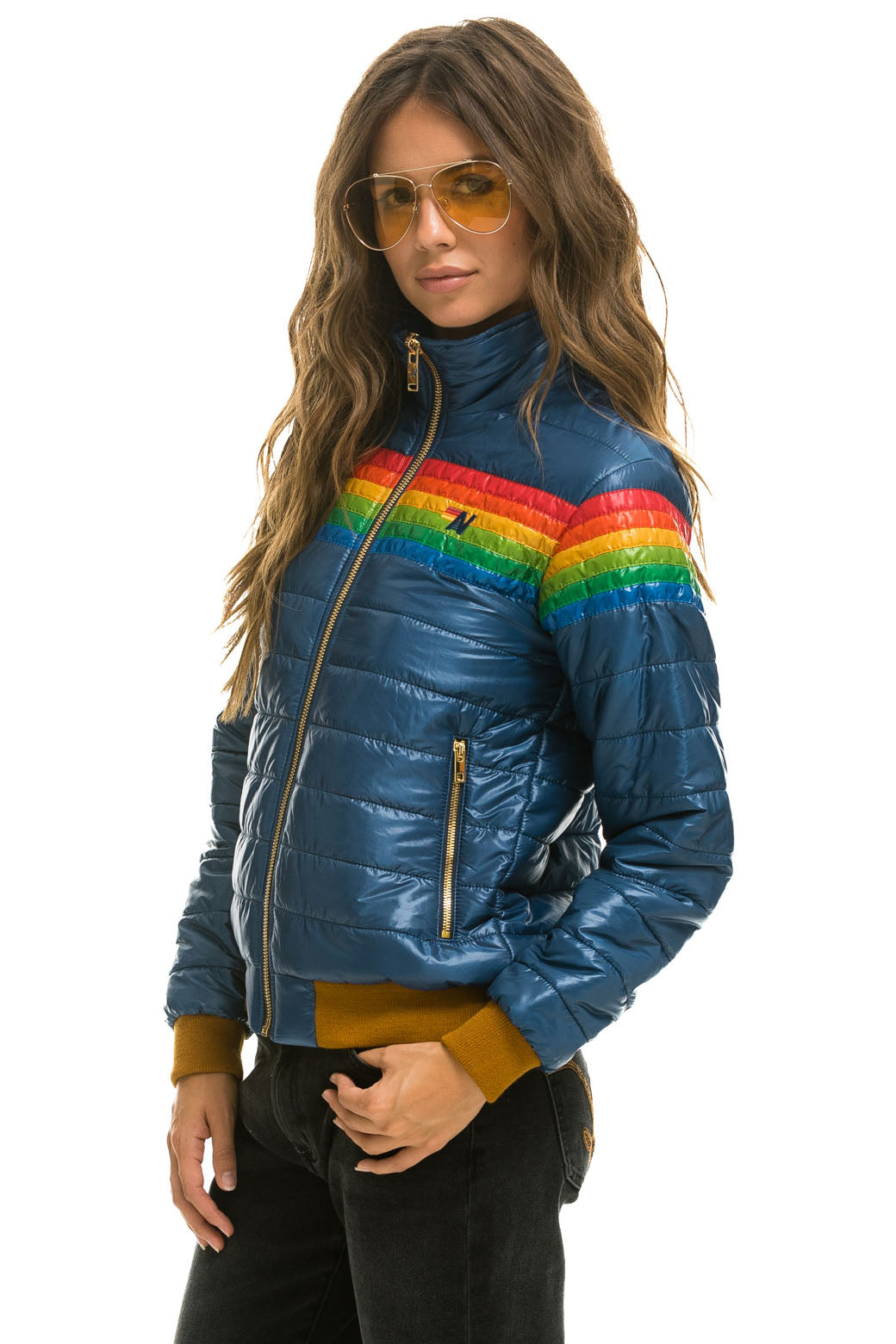 WOMEN'S 6 STRIPE RAINBOW SLEEVE JACKET - GLOSSY DEEP BLUE Jacket Aviator Nation 