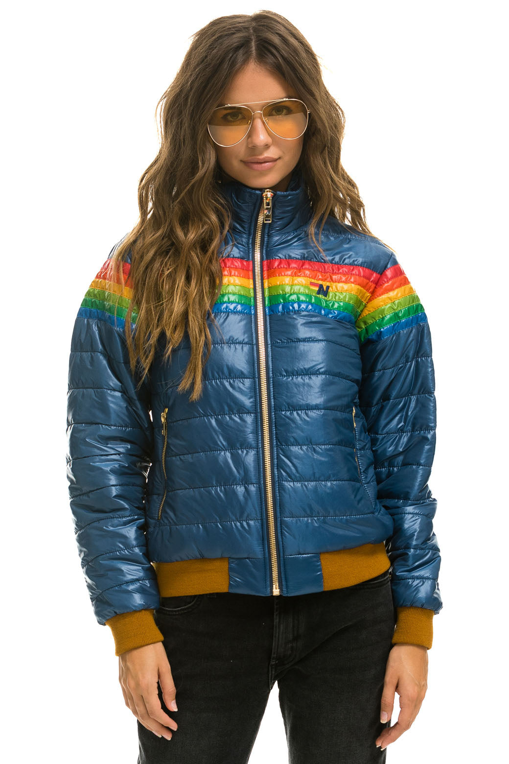 WOMEN&#39;S 6 STRIPE RAINBOW SLEEVE JACKET - GLOSSY DEEP BLUE Jacket Aviator Nation 