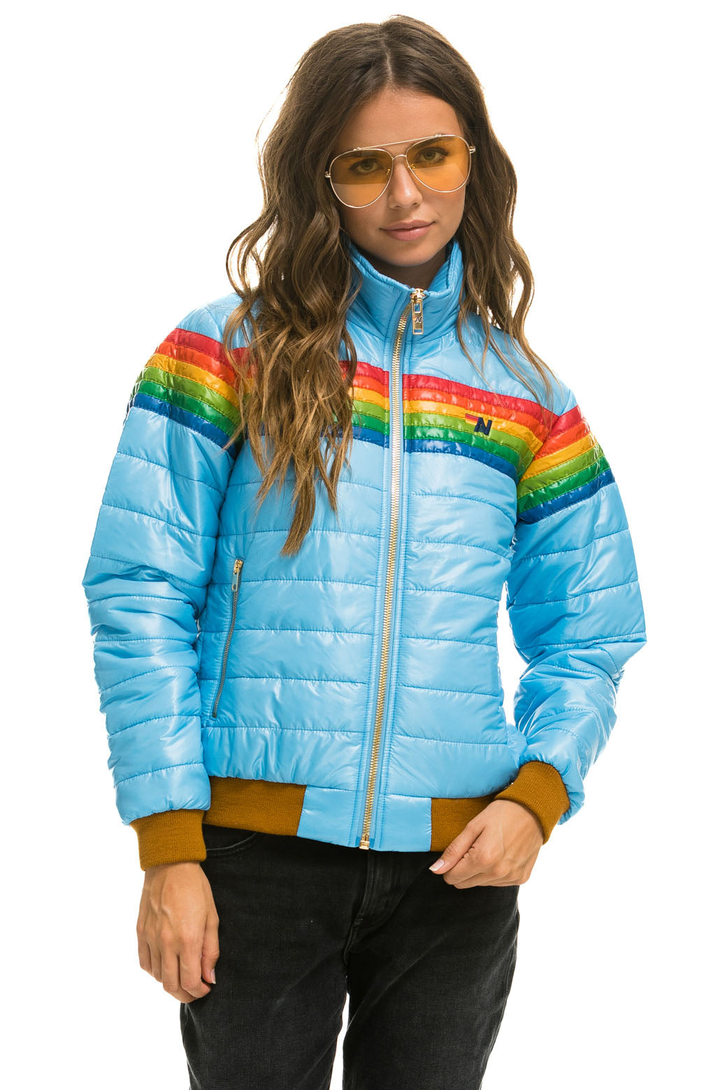 WOMEN&#39;S 6 STRIPE RAINBOW SLEEVE JACKET - GLOSSY SKY Jacket Aviator Nation 