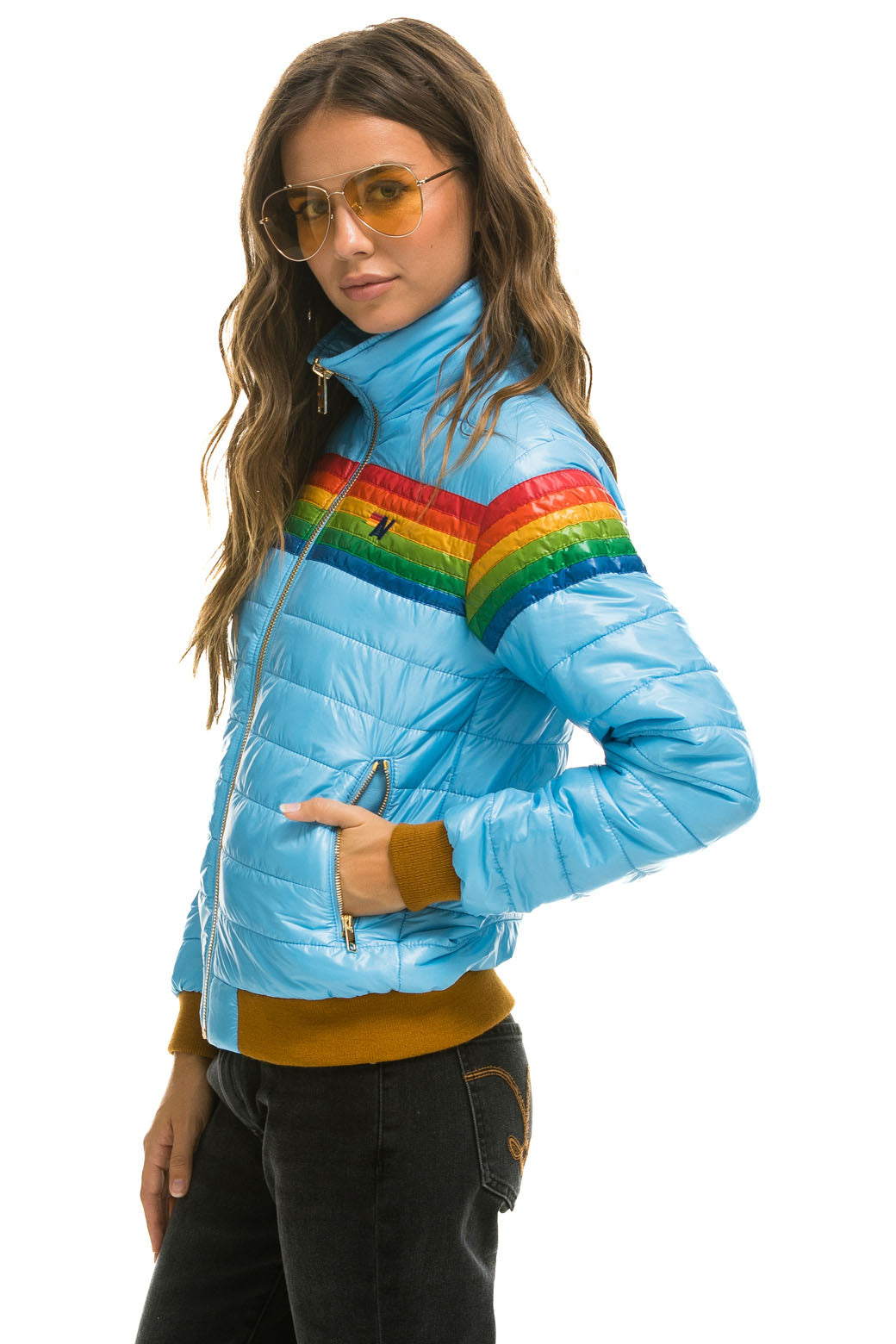 WOMEN'S 6 STRIPE RAINBOW SLEEVE JACKET - GLOSSY SKY Jacket Aviator Nation 