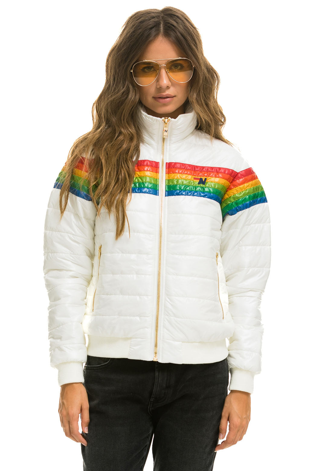 WOMEN&#39;S 6 STRIPE RAINBOW SLEEVE JACKET - GLOSSY WHITE Jacket Aviator Nation 