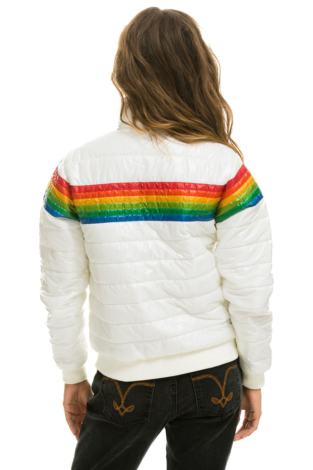 WOMEN'S 6 STRIPE RAINBOW SLEEVE JACKET - GLOSSY WHITE Jacket Aviator Nation 