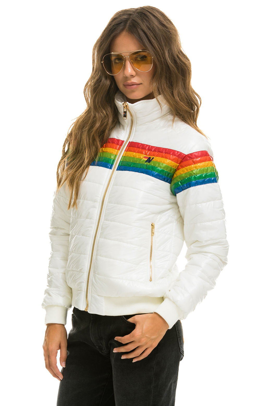 WOMEN'S 6 STRIPE RAINBOW SLEEVE JACKET - GLOSSY WHITE Jacket Aviator Nation 